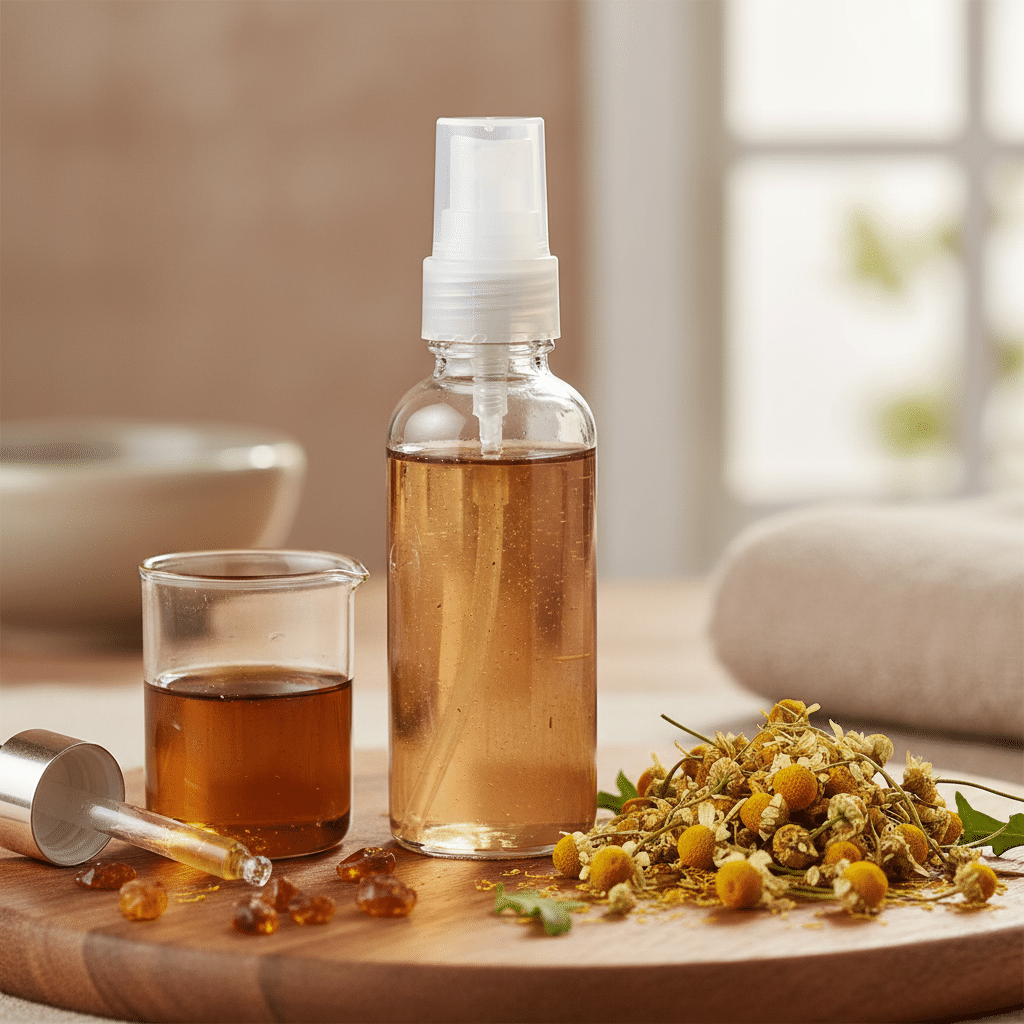 Chamomile hydrosol and flowers in a spa-like setting