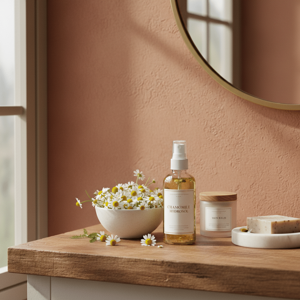 Chamomile hydrosol bottle with chamomile flowers on a vanity