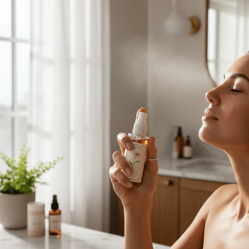 A person misting chamomile facial spray onto clean skin