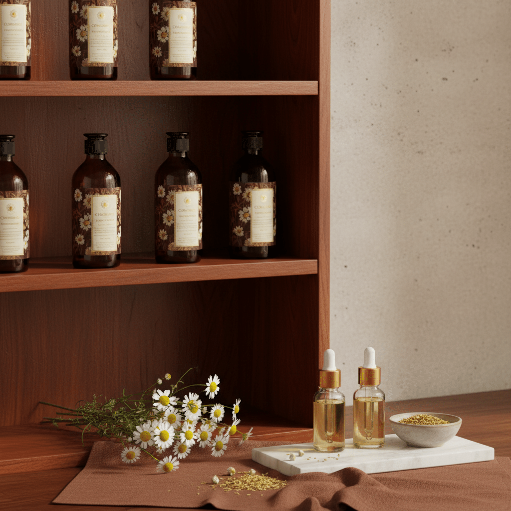 Dark glass chamomile hydrosol bottles arranged neatly for storage