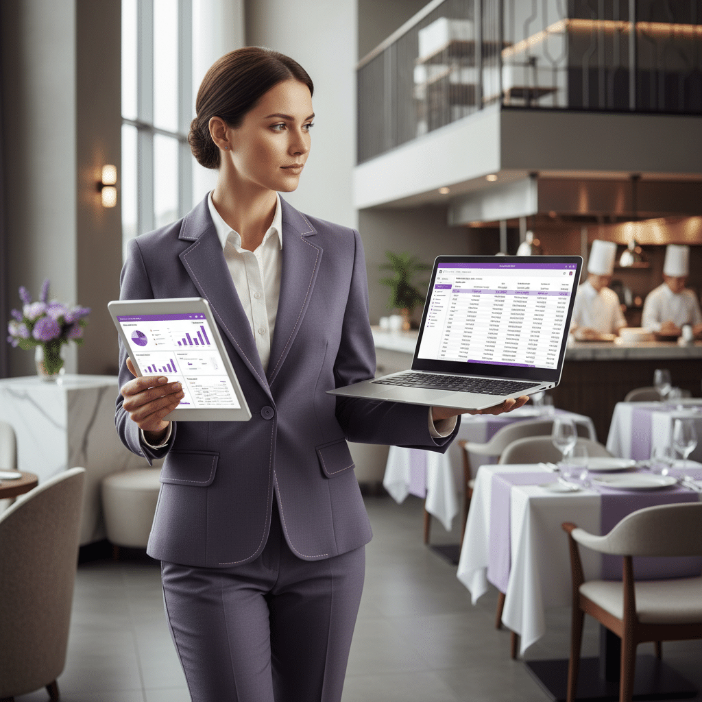Hospitality manager using live accounting dashboards on mobile and laptop