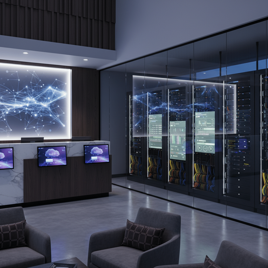 Server room contrasted with cloud-based hotel software access