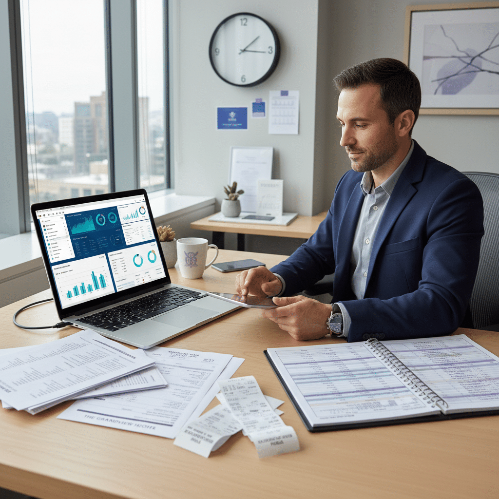 Hotel finance team reviewing dashboards and paperwork in a modern workspace
