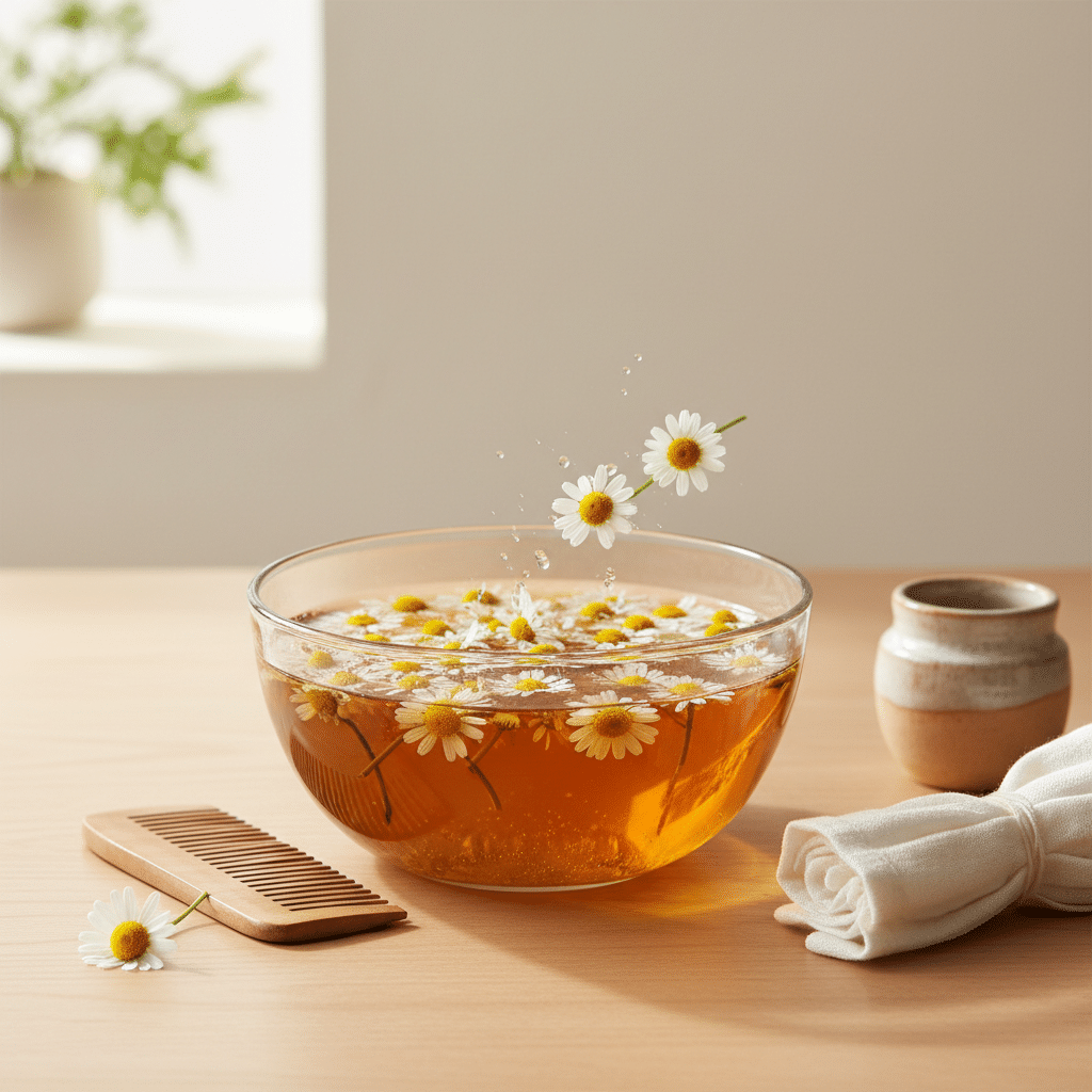 Chamomile flowers in a glass bowl with warm infused water