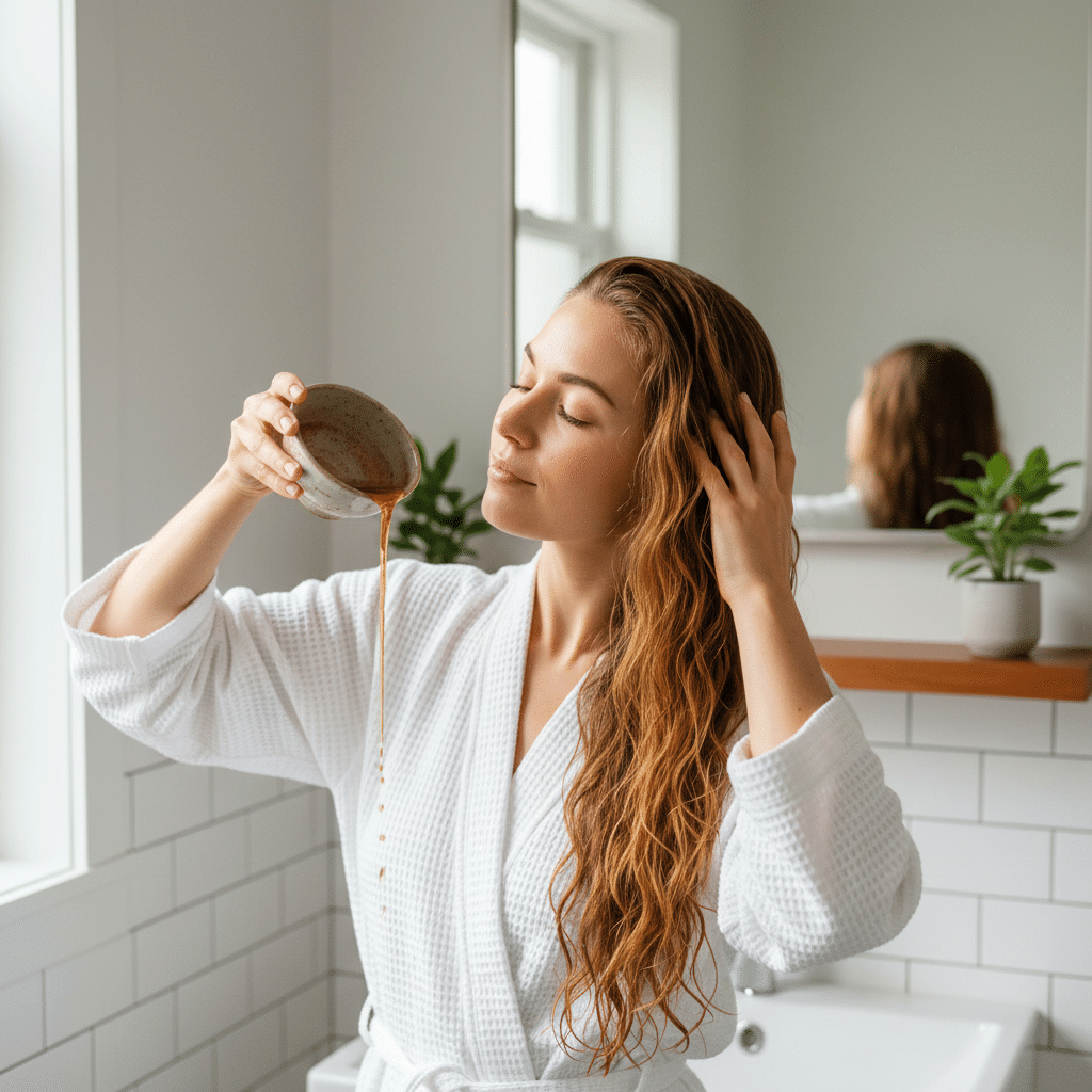 Woman applying a chamomile rinse in a bathroom