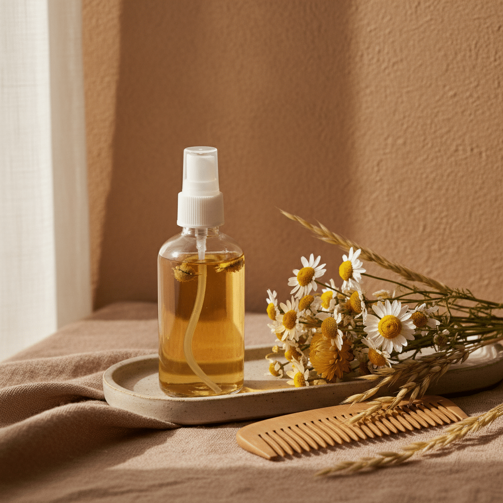Chamomile hair spray bottle with dried flowers and a comb