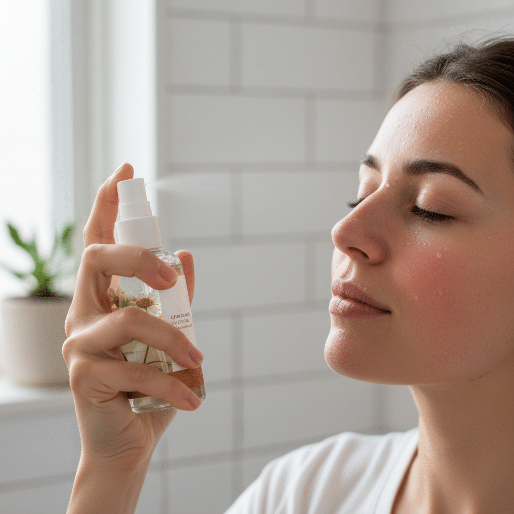 Person gently misting chamomile spray onto red skin