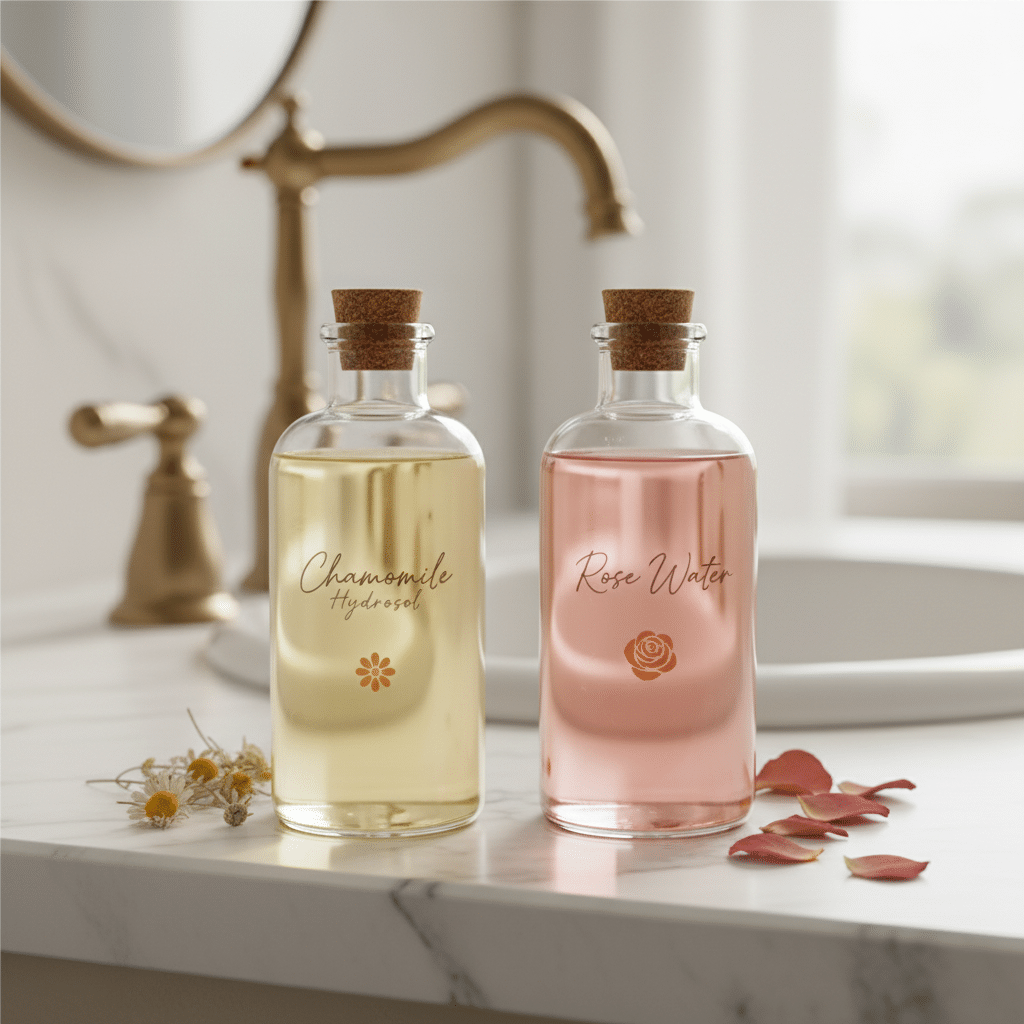 Chamomile hydrosol beside rose water on a bathroom shelf