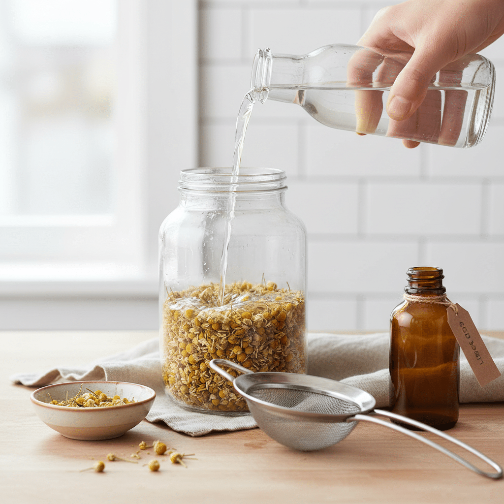 DIY chamomile toner ingredients arranged on a clean counter