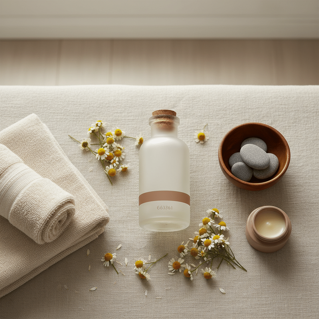Chamomile hydrosol and flowers in a calm spa setting