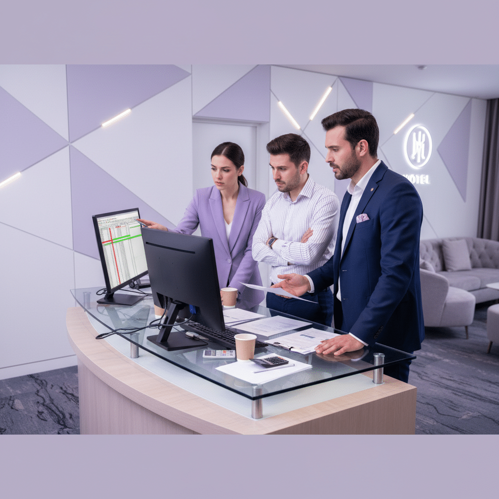 Hotel staff reviewing mismatched financial spreadsheets