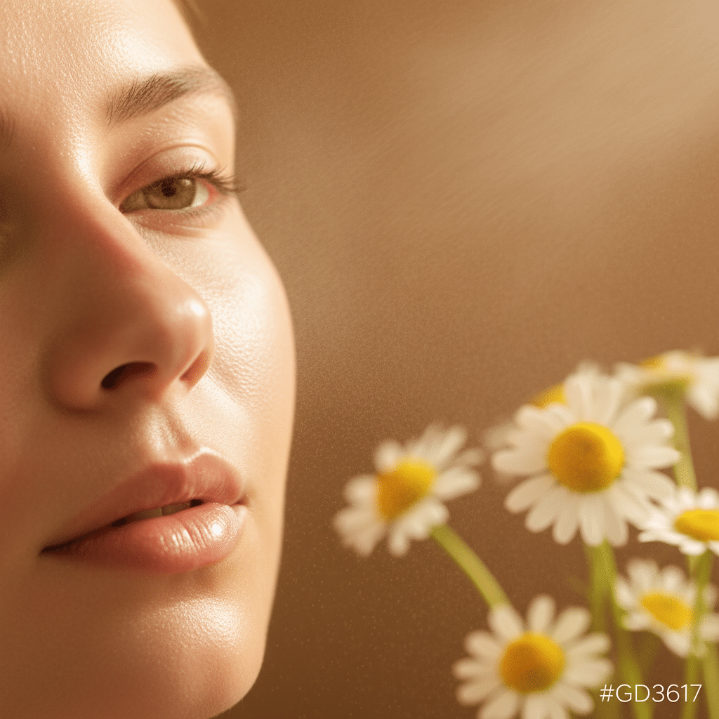 Gentle chamomile mist being sprayed onto calm facial skin