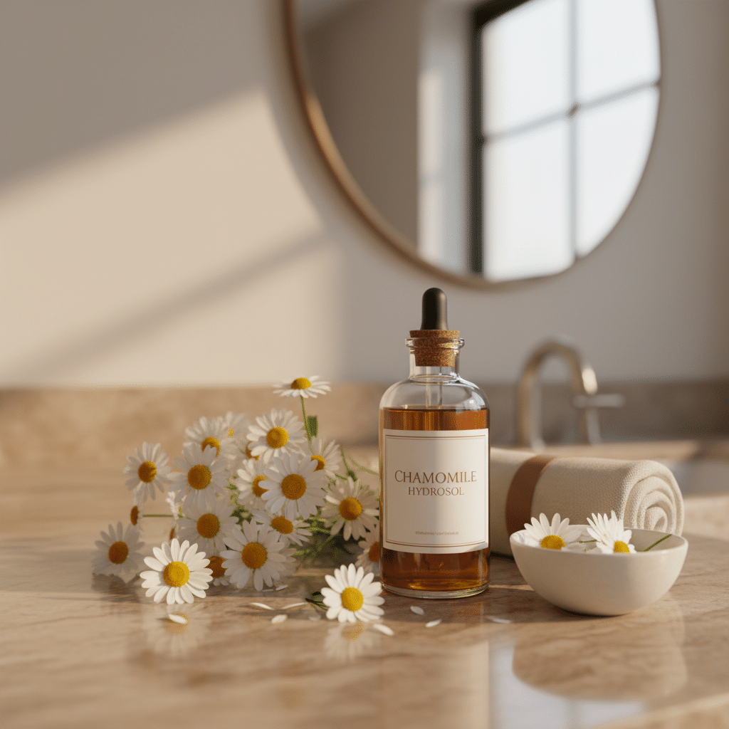Chamomile hydrosol bottle with fresh chamomile flowers