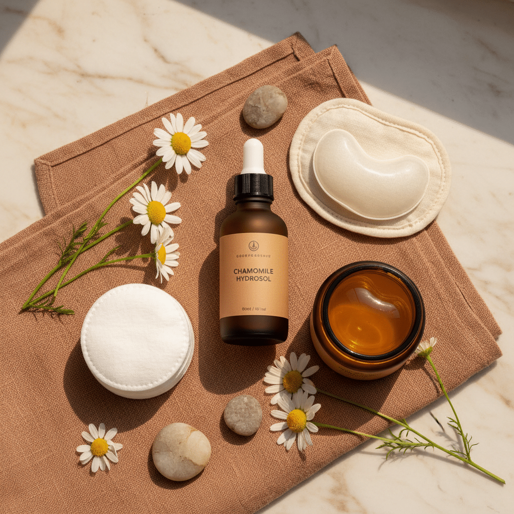 Chamomile skincare flat lay with hydrosol, cotton pads, and moisturizer