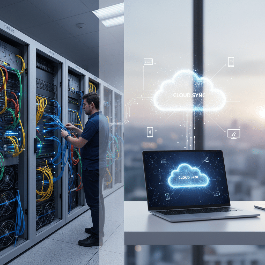Hotel server room contrasted with cloud accounting