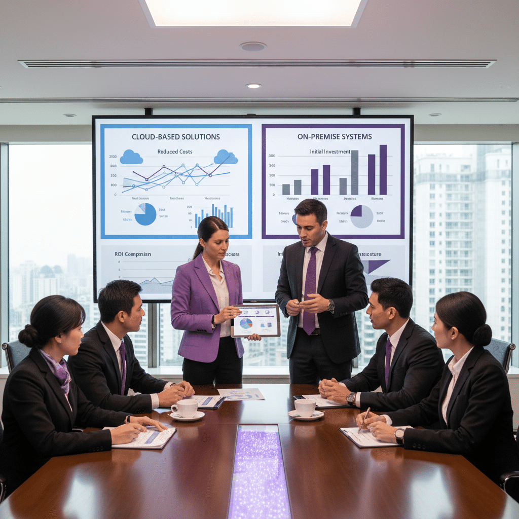 Hotel team reviewing software options in a meeting