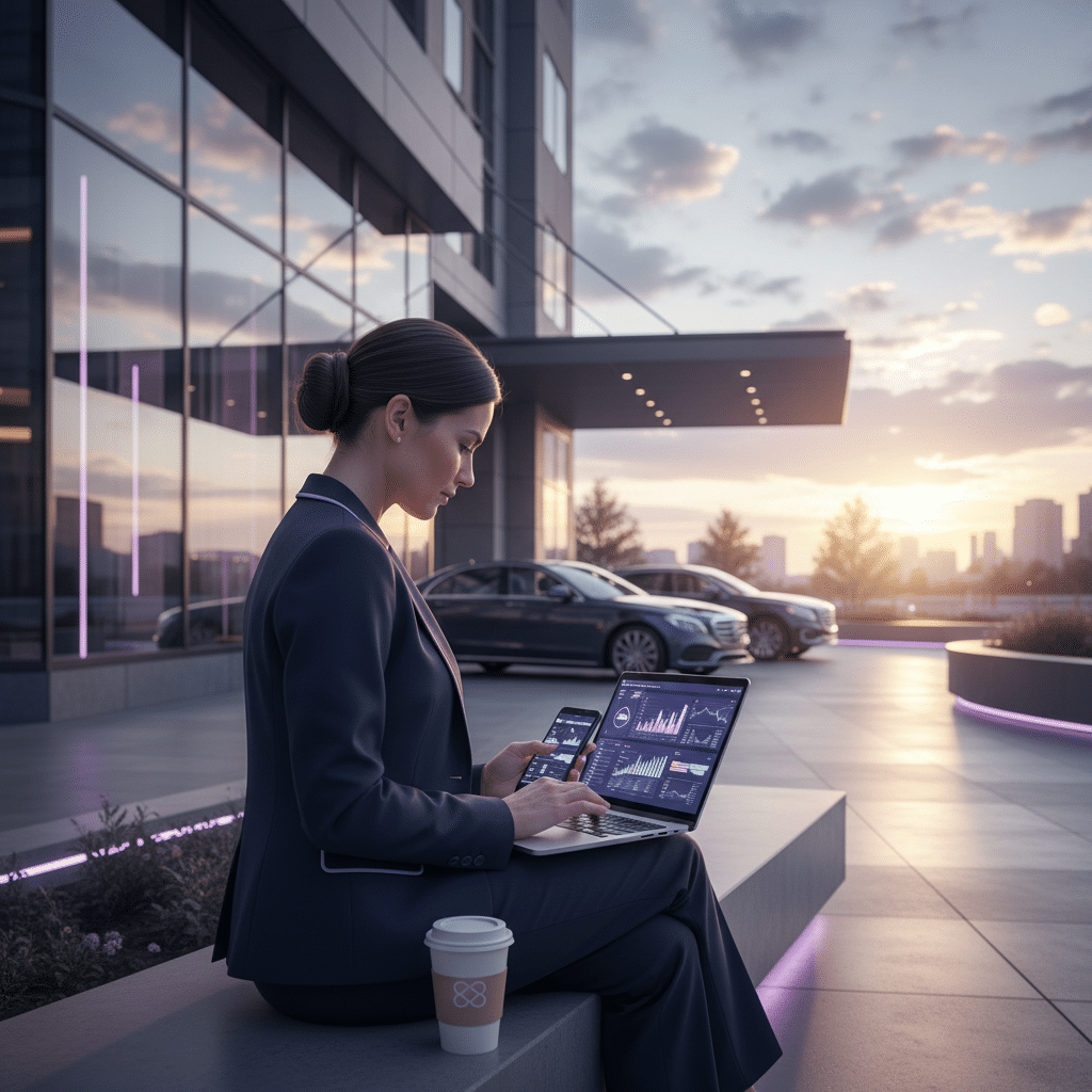 Hotel manager reviewing financial reports on mobile devices