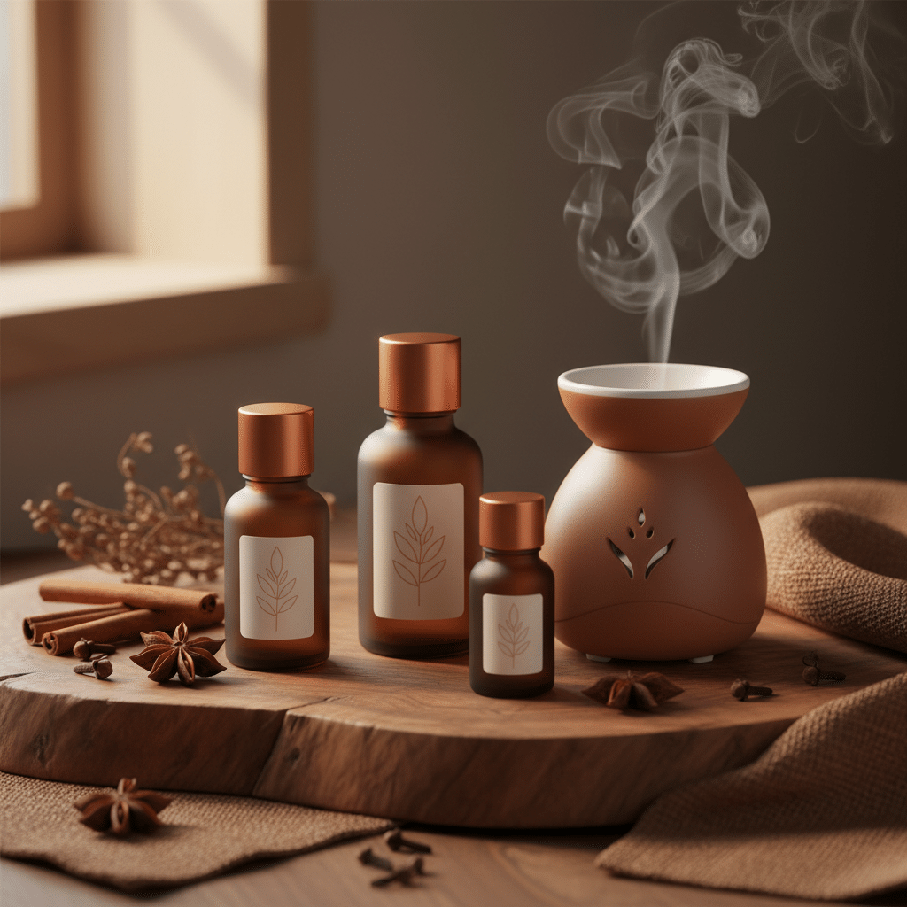 Premium essential oil branding scene with warm wood and soft light