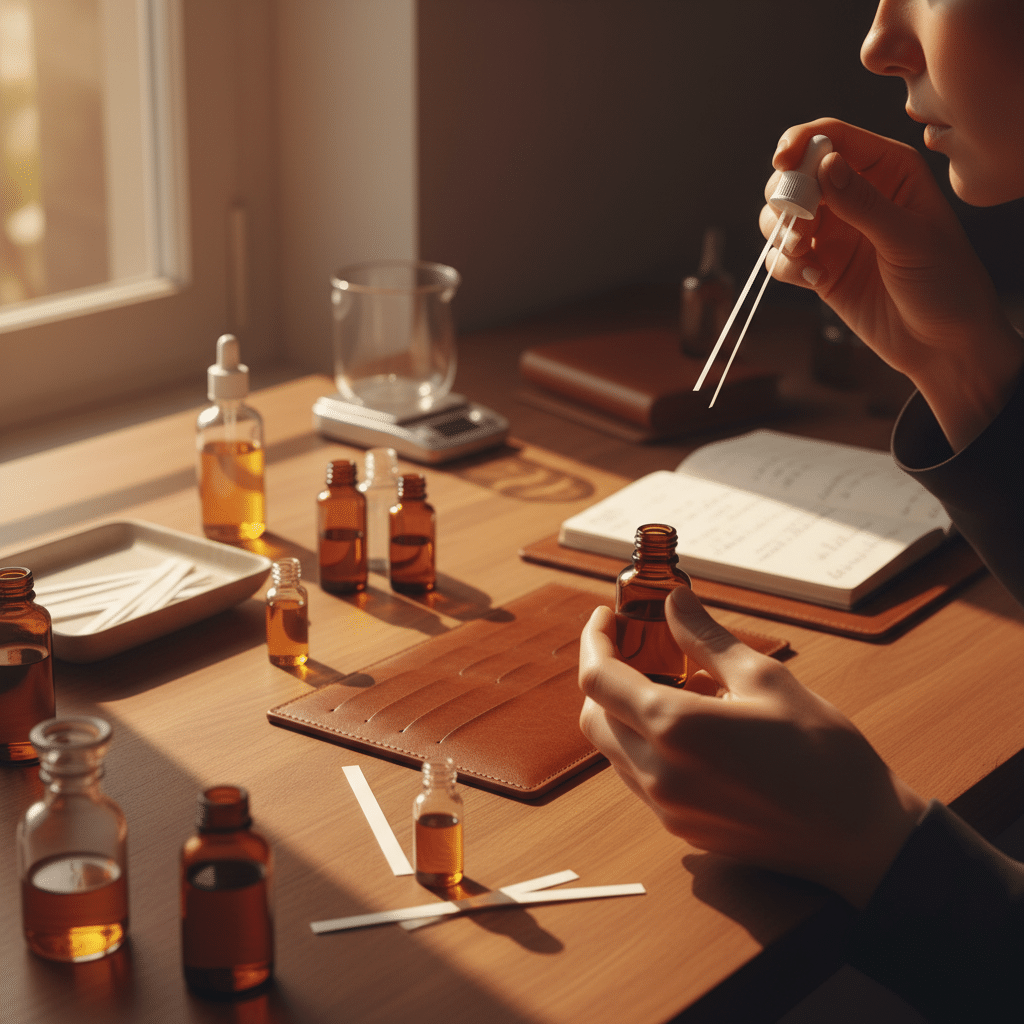 Hands testing fragrance samples with blotter strips in a product development workspace