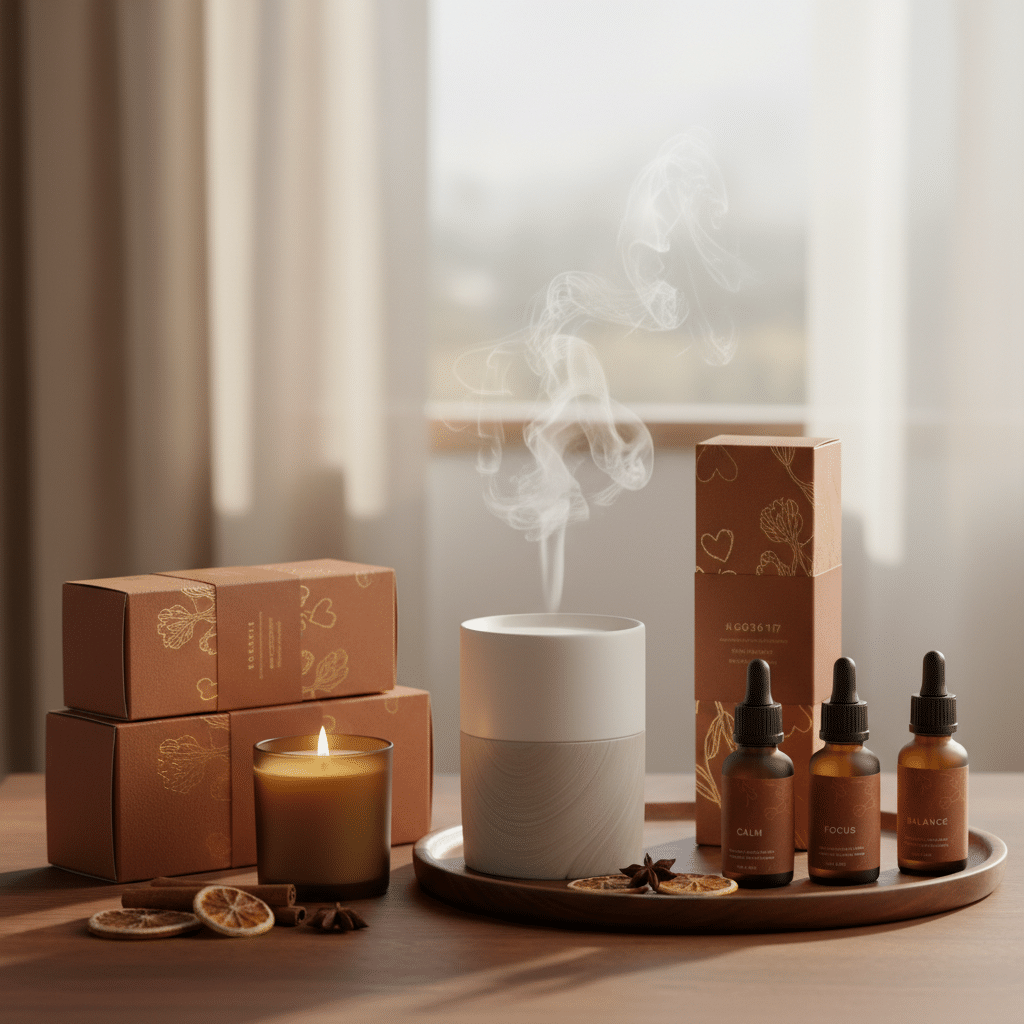 Wellness product display with essential oil bottles, diffuser, and candle
