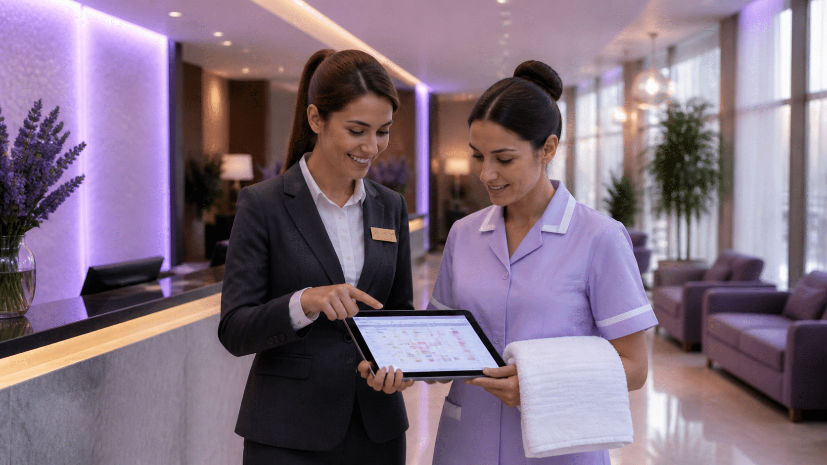 Hotel front desk staff and housekeeper collaborating over a shared real-time room status tablet