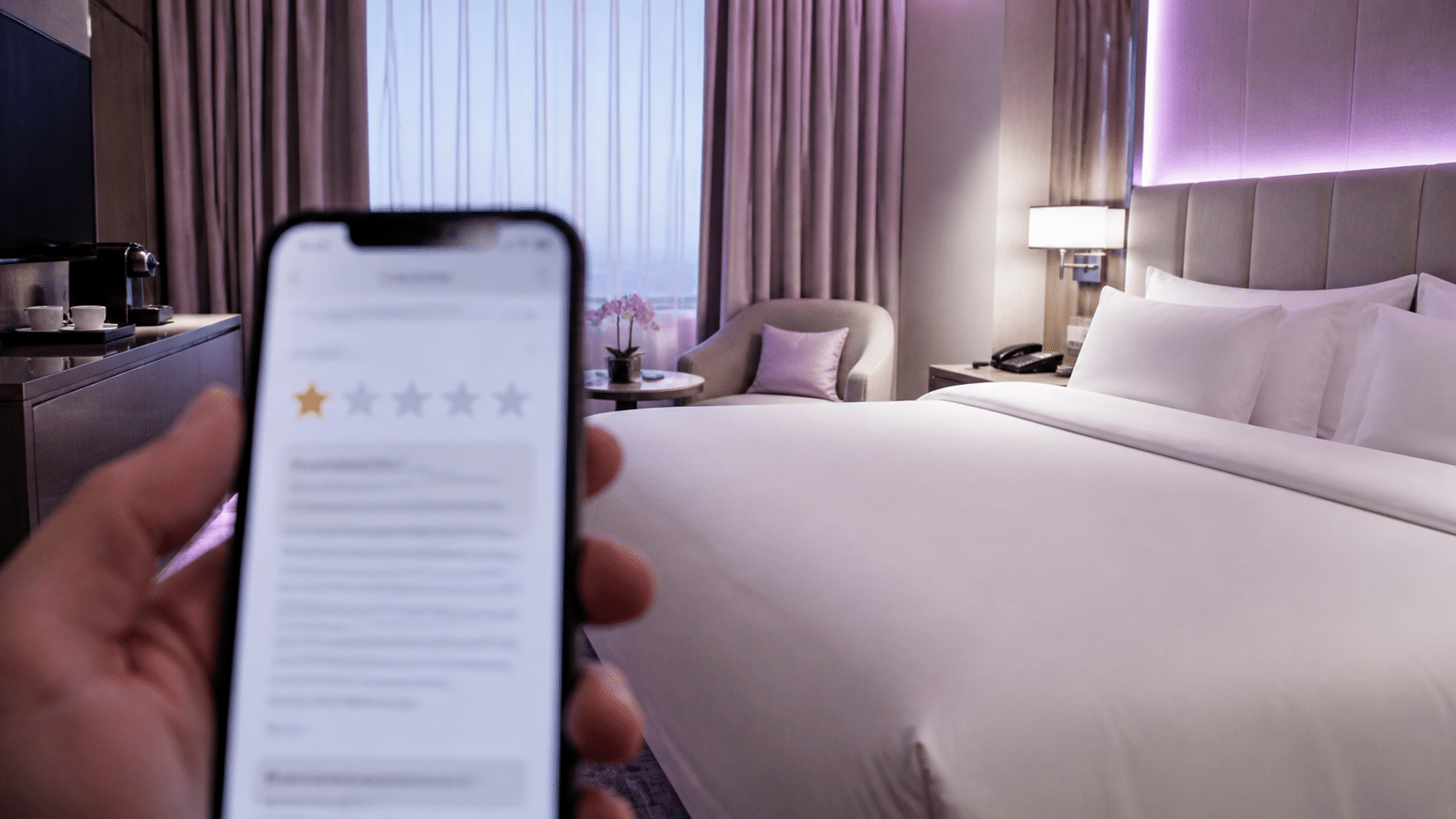 Luxury hotel room with pristine bedding and a smartphone showing a one-star review
