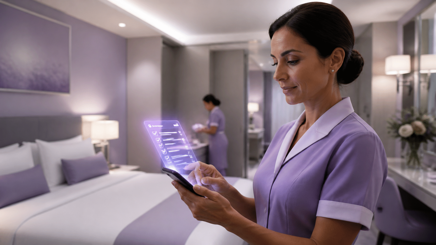 Hotel housekeeping supervisor using a mobile app for digital task management and room assignments