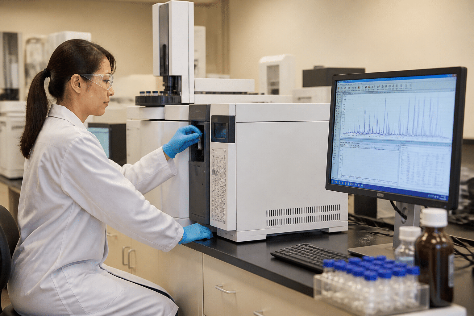 Laboratory GC/MS chromatography analysis equipment and batch testing in a professional scientific setting