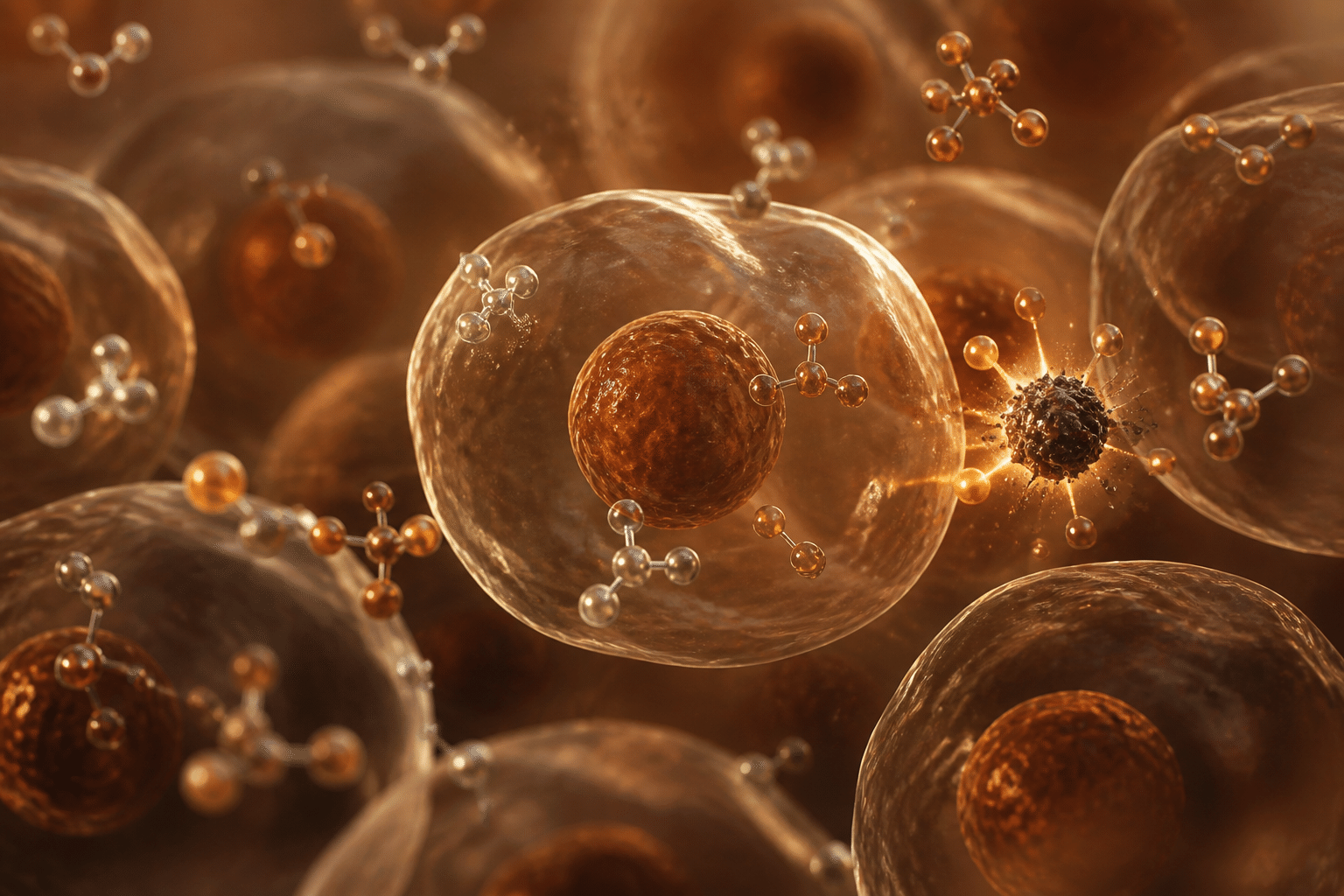 Molecular visualization of antioxidants neutralizing free radicals in skin cells with scientific detail and warm brown tones