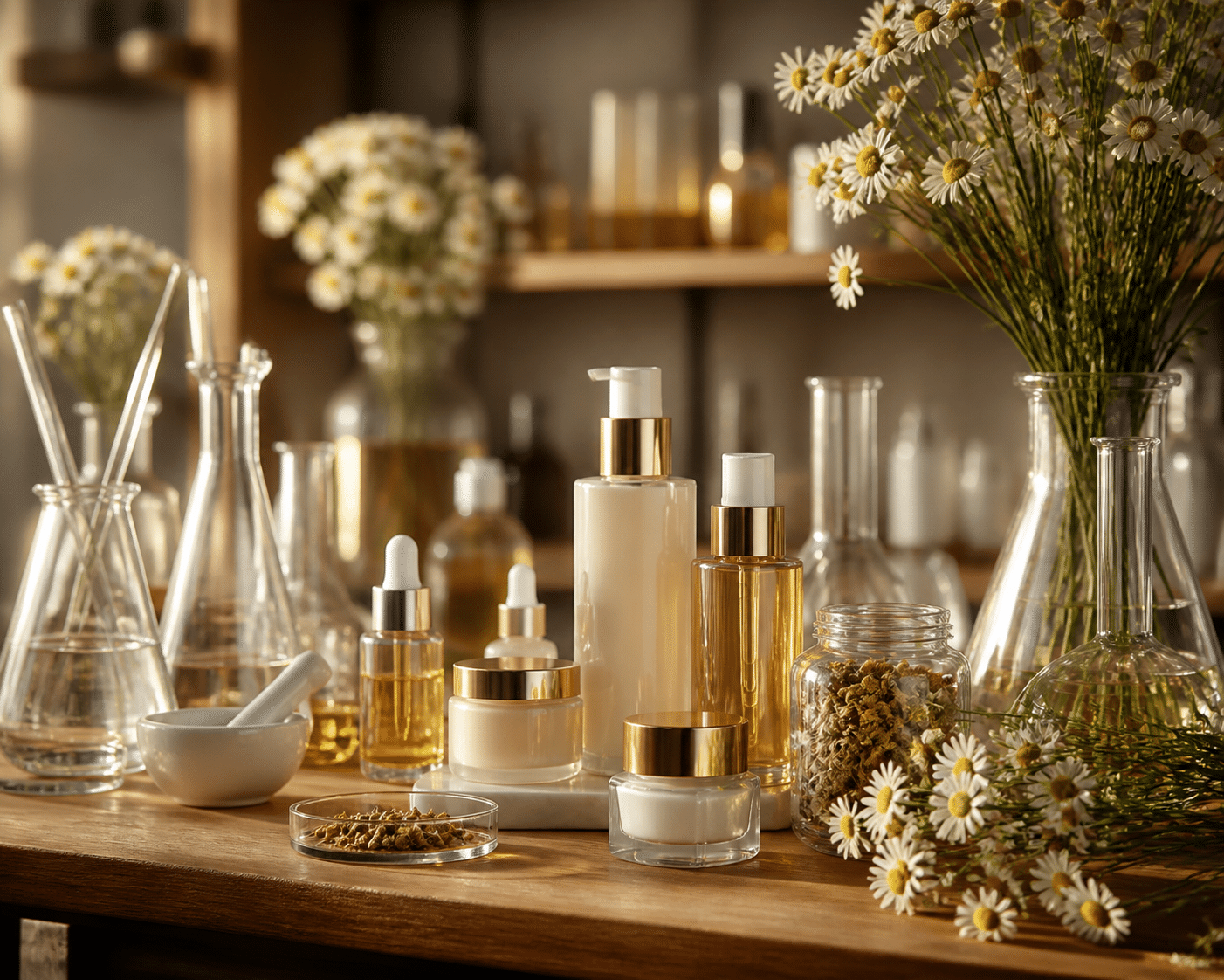 Luxury skincare bottles and formulation ingredients in a professional cosmetic development workspace with warm golden lighting