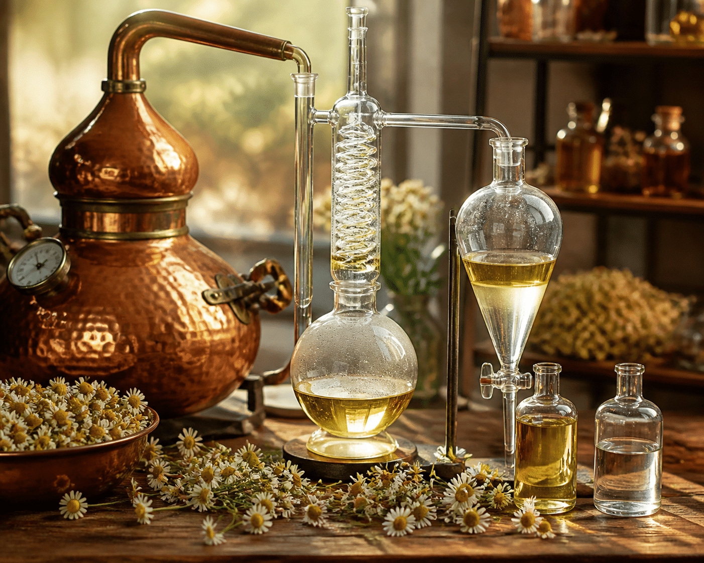 Steam distillation laboratory equipment separating chamomile flowers into essential oil and hydrosol with warm golden lighting