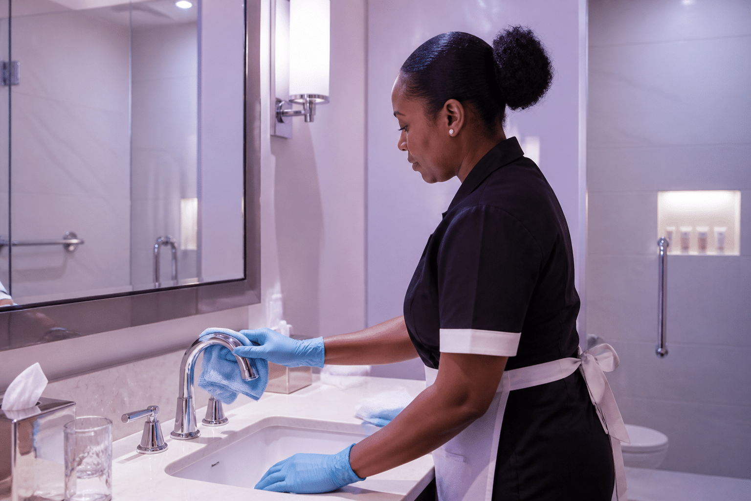 Professional housekeeping staff sanitizing chrome bathroom fixtures and tile with microfiber cloth