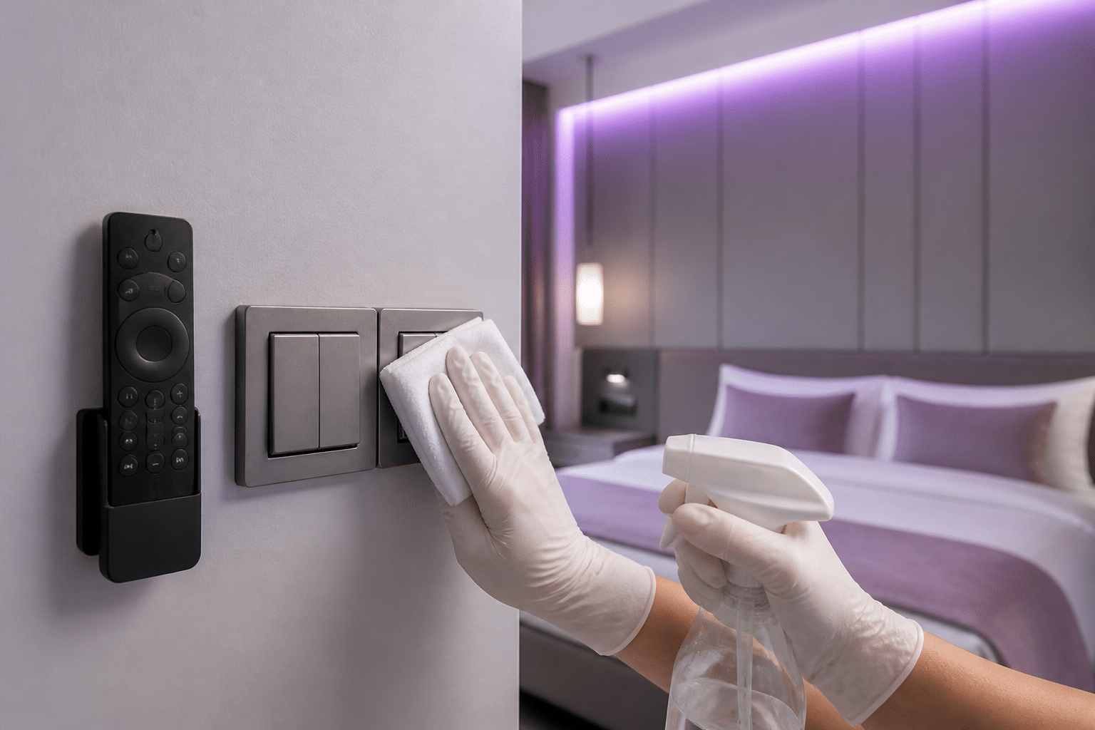 Close-up of hotel remote control and light switch being disinfected with professional cleaning cloth