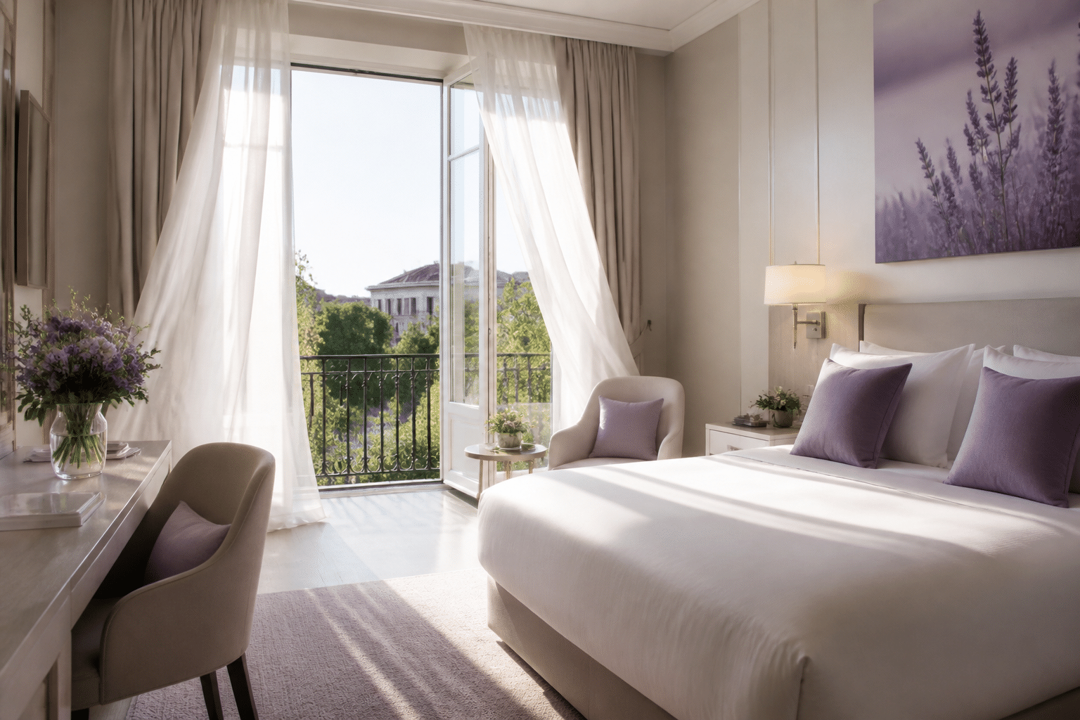 Fresh hotel room with natural sunlight and open window creating airy, clean atmosphere
