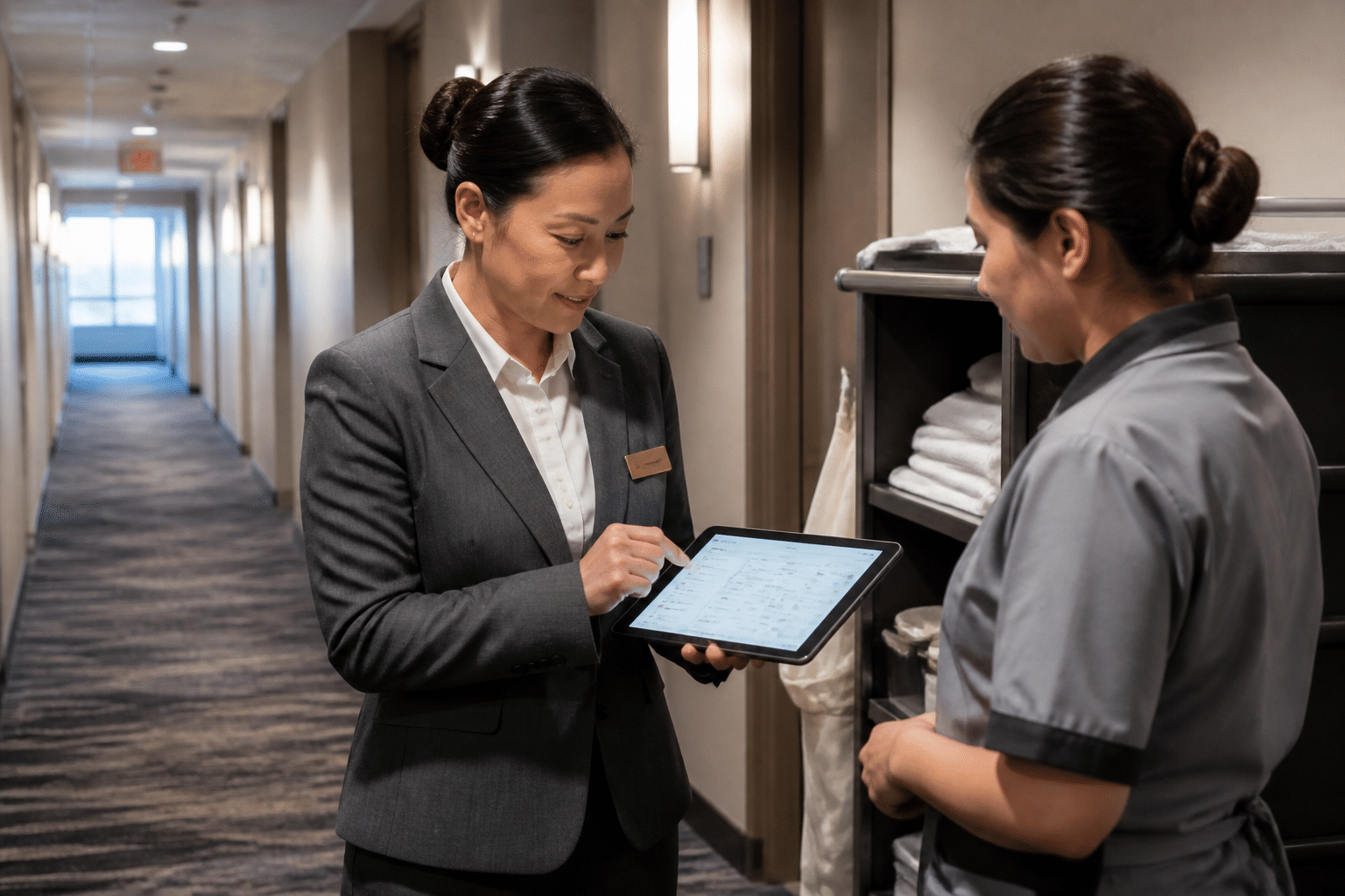 Hotel housekeeping supervisor using mobile tablet to review digital cleaning checklist with team member