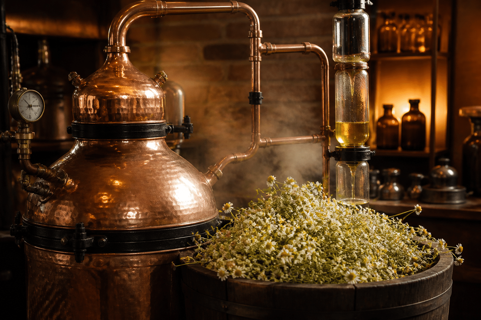 Fresh chamomile flowers with copper distillation equipment showing steam extraction process