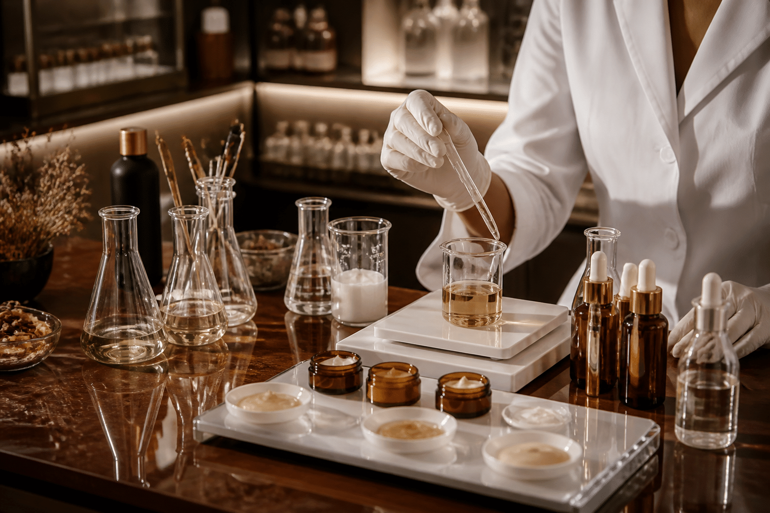 Professional cosmetic laboratory with testing equipment, formulation bench and quality control samples