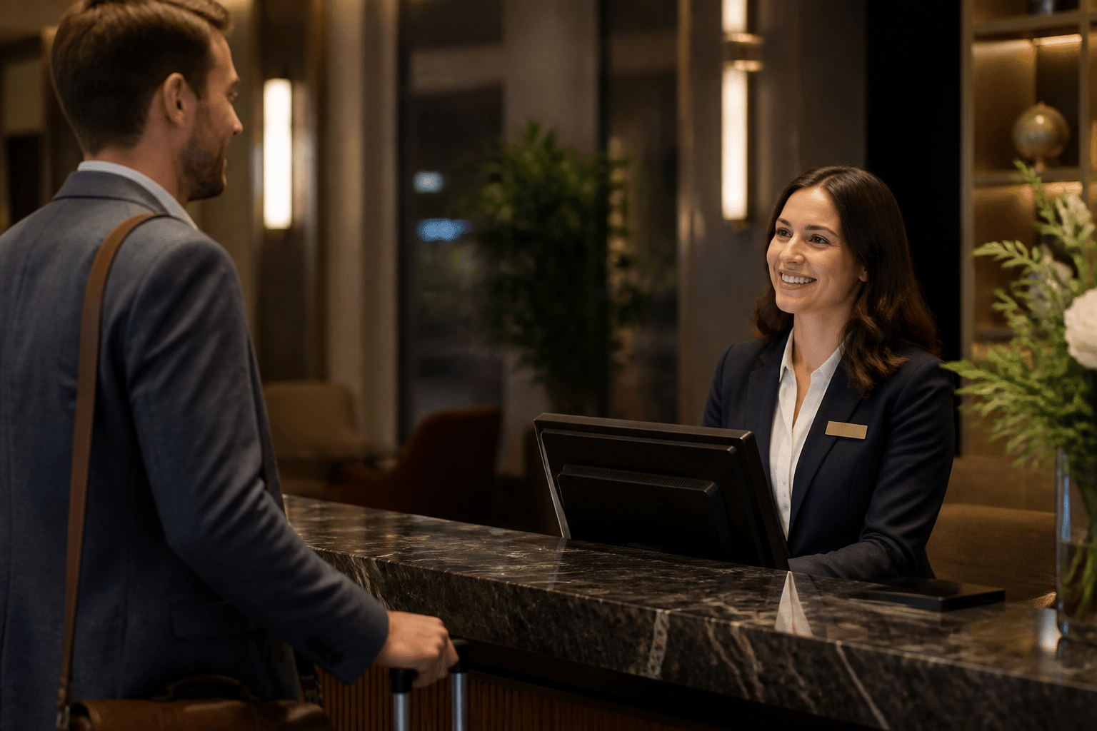 Satisfied hotel guest being welcomed by attentive front desk agent using digital check-in interface for excellent service