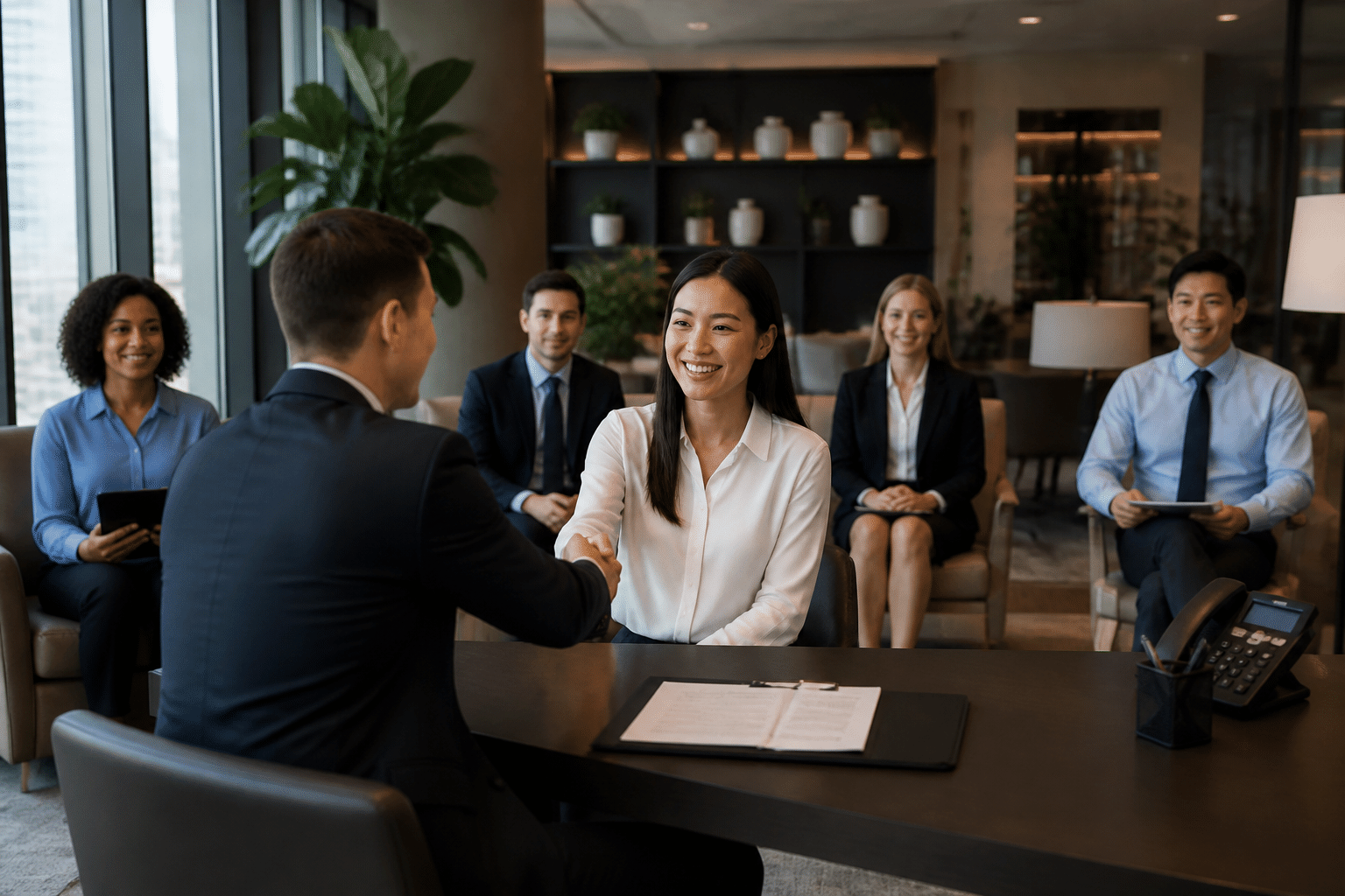 Diverse candidates interviewing with hotel manager in modern welcoming office environment showing recruitment in action