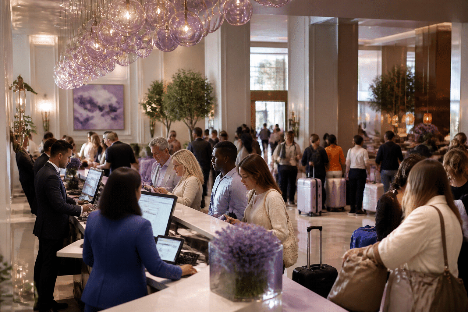 Busy hotel lobby during peak season with packed reception desk and multiple guests checking in