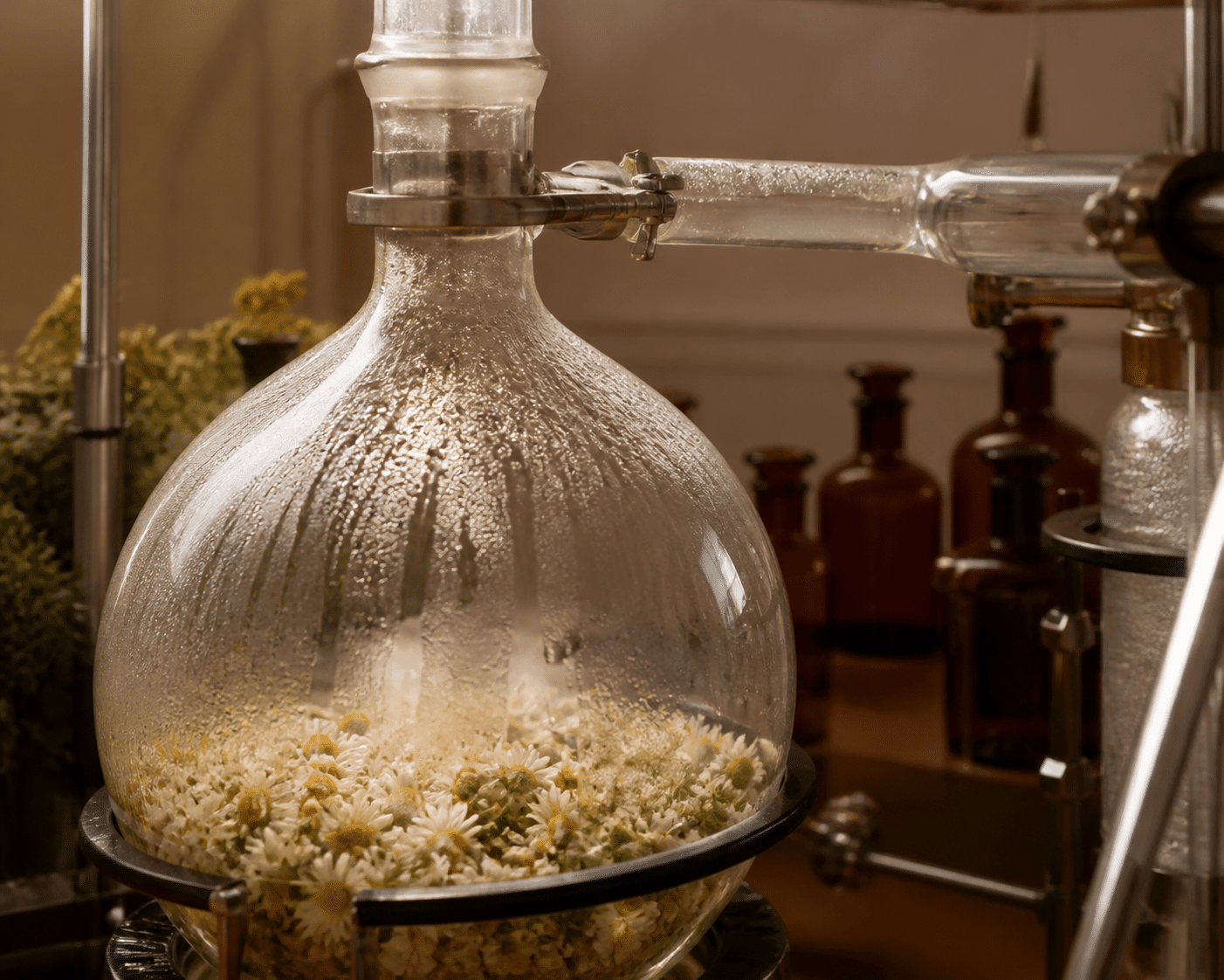 Close-up of fresh chamomile flowers being steam distilled in a glass laboratory still with visible condensation
