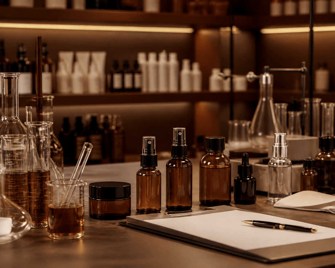 Professional skincare formulation laboratory with beakers, toner bottles, and mist bottles arranged on shelves