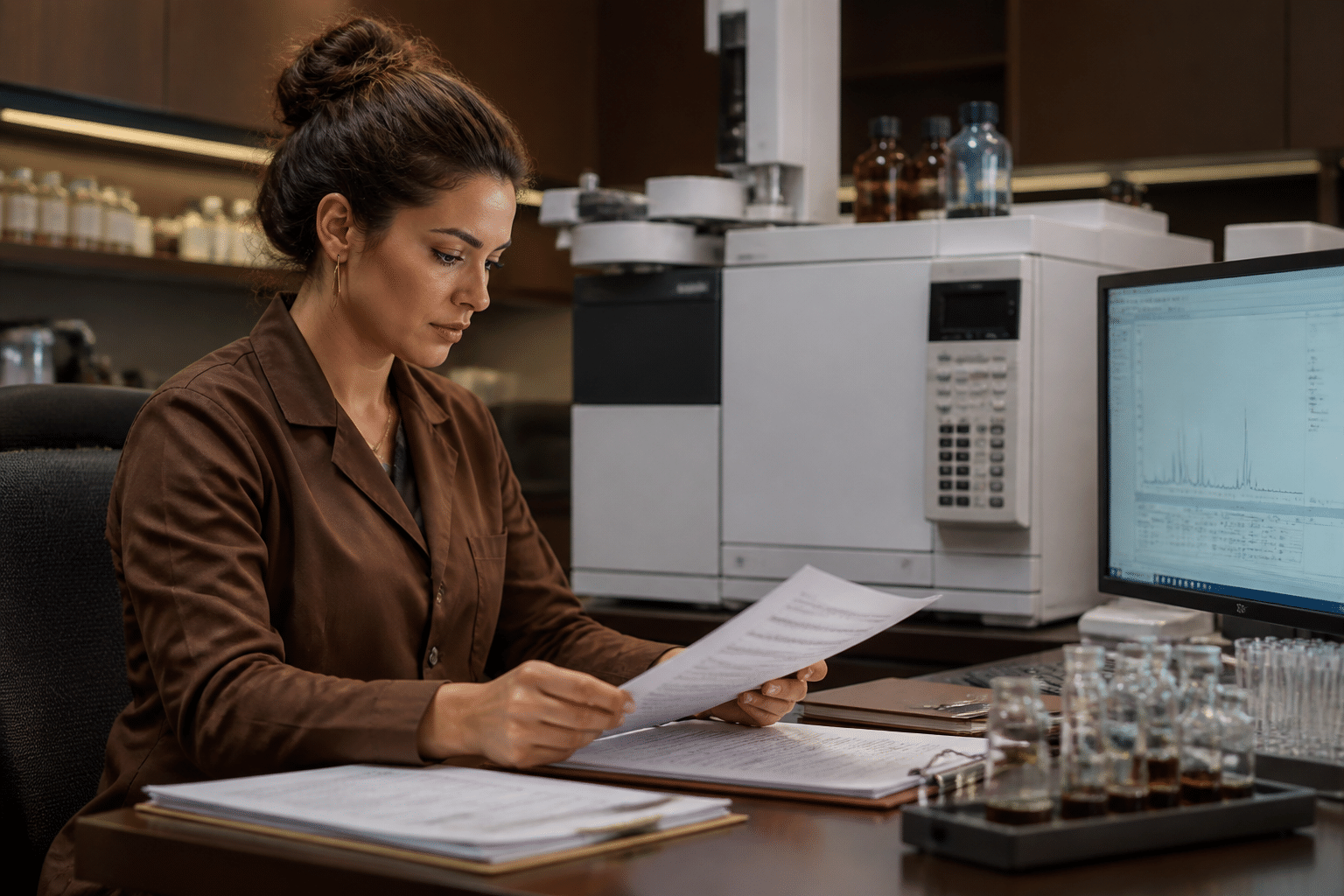 Quality assurance specialist reviewing chromatography reports and lab documentation in a professional cosmetics laboratory with GC/MS equipment