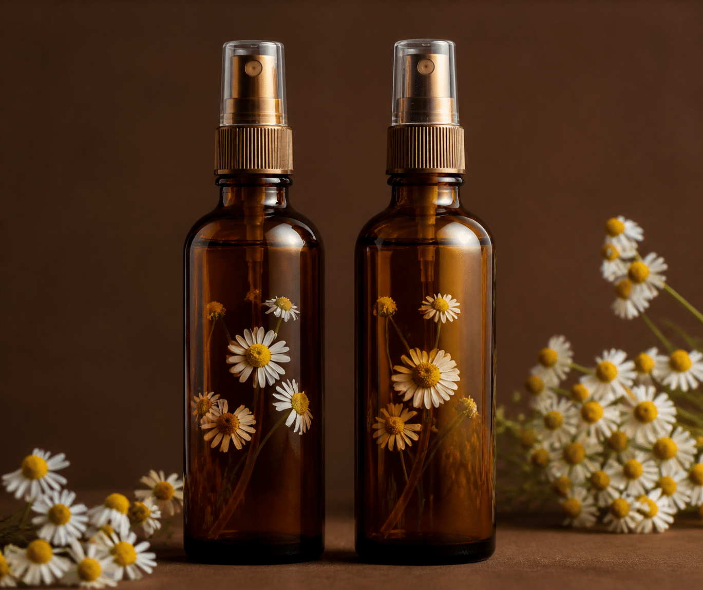 Two professional glass bottles of chamomile hydrosol water displaying German and Roman chamomile varieties side by side