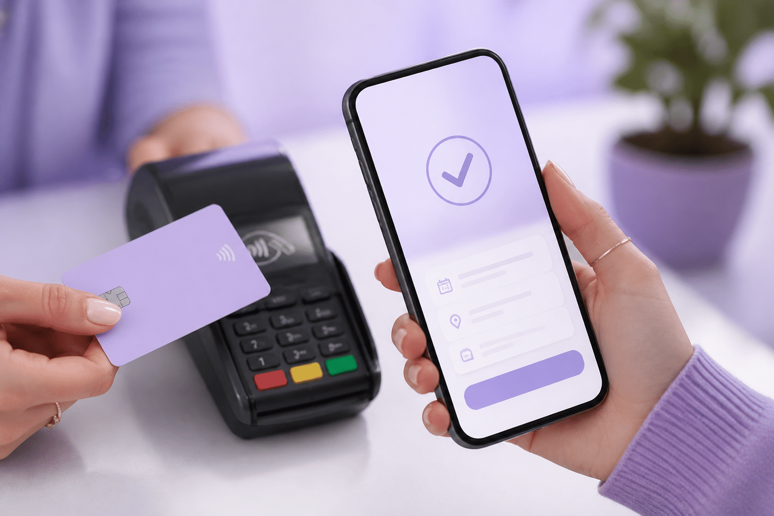 Credit card payment processing display with digital booking confirmation screen and secure transaction interface