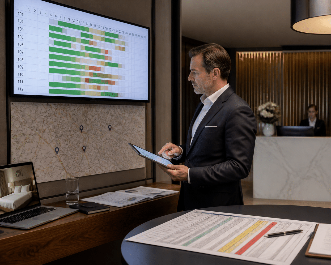 Hotel manager reviewing occupancy board with strategic partner hotel map and overbooking spreadsheet planning