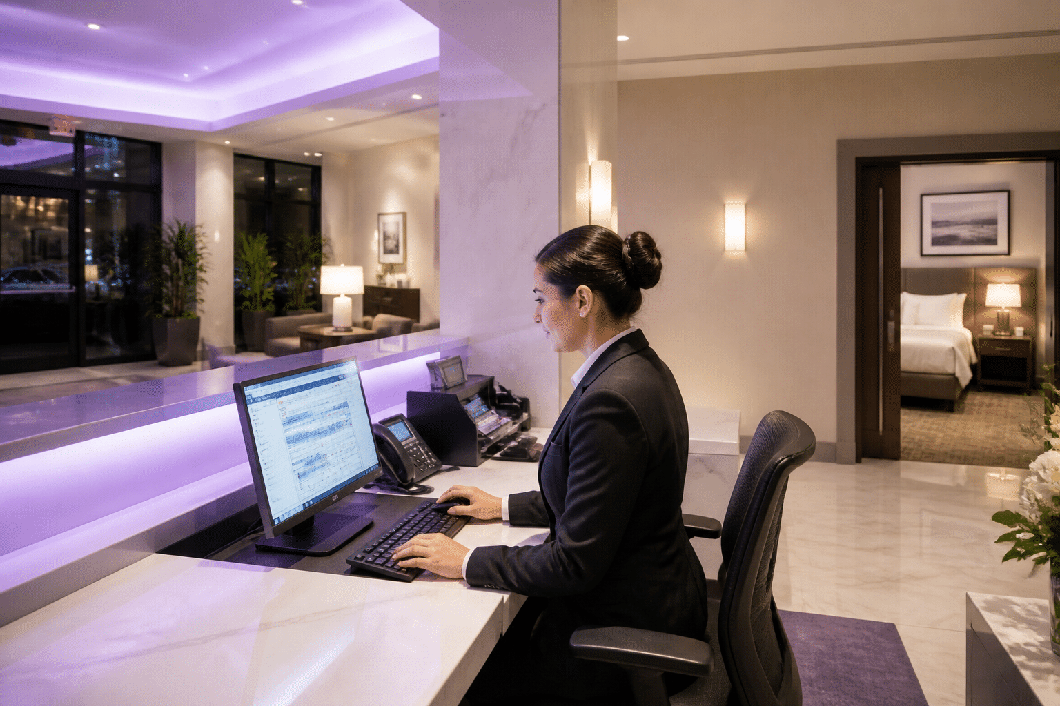 Hotel front desk at evening with busy receptionist managing reservations and empty rooms visible in background