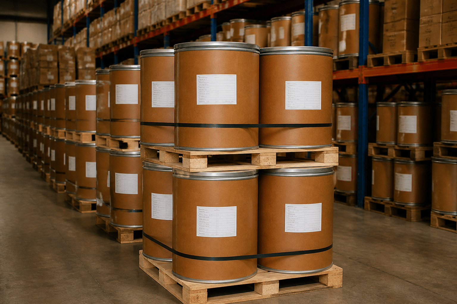 Industrial bulk drums and containers with quality assurance labels prepared for export and logistics in professional warehouse