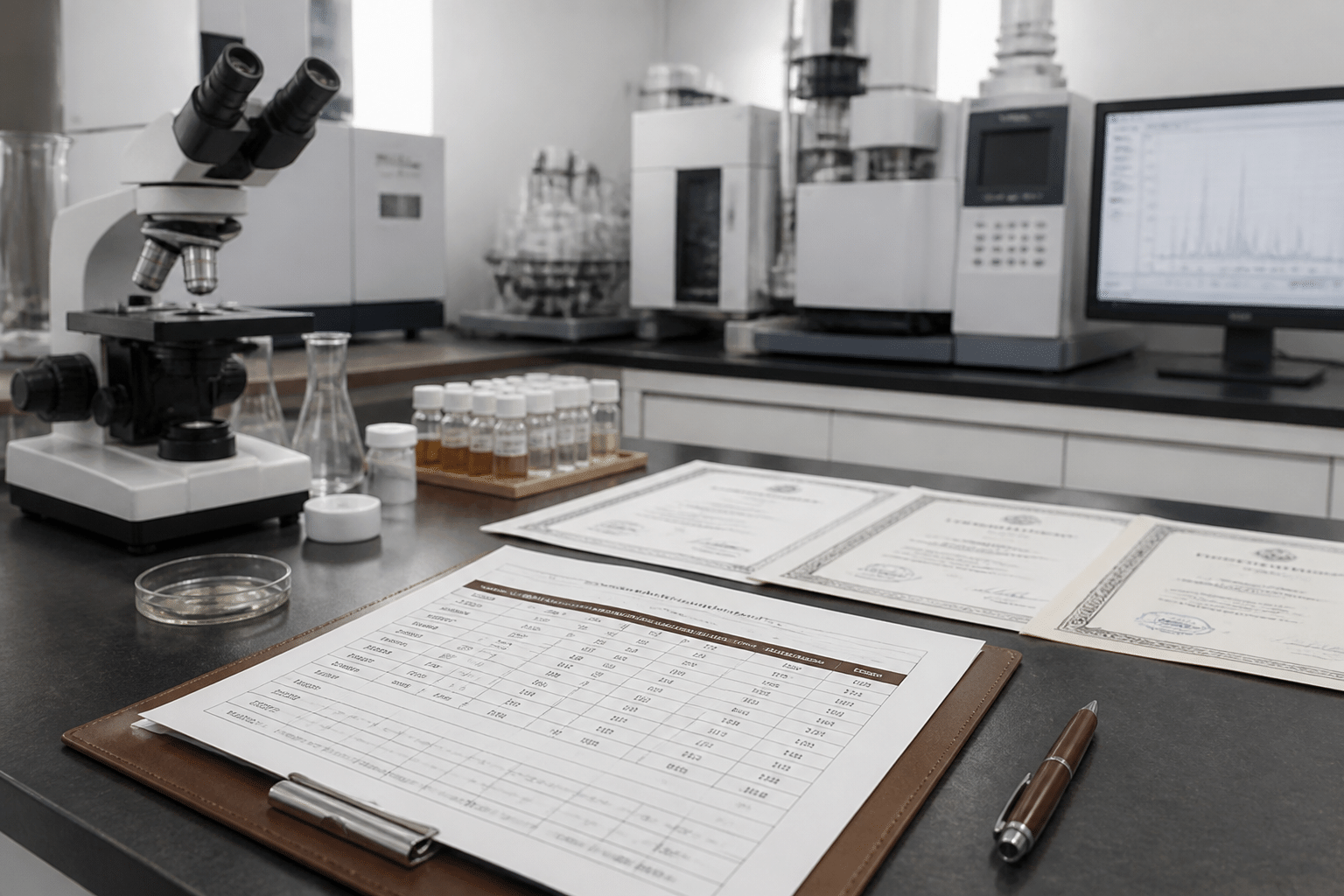 Laboratory testing documents and GC-MS equipment with microscope for cosmetic analysis and quality certification