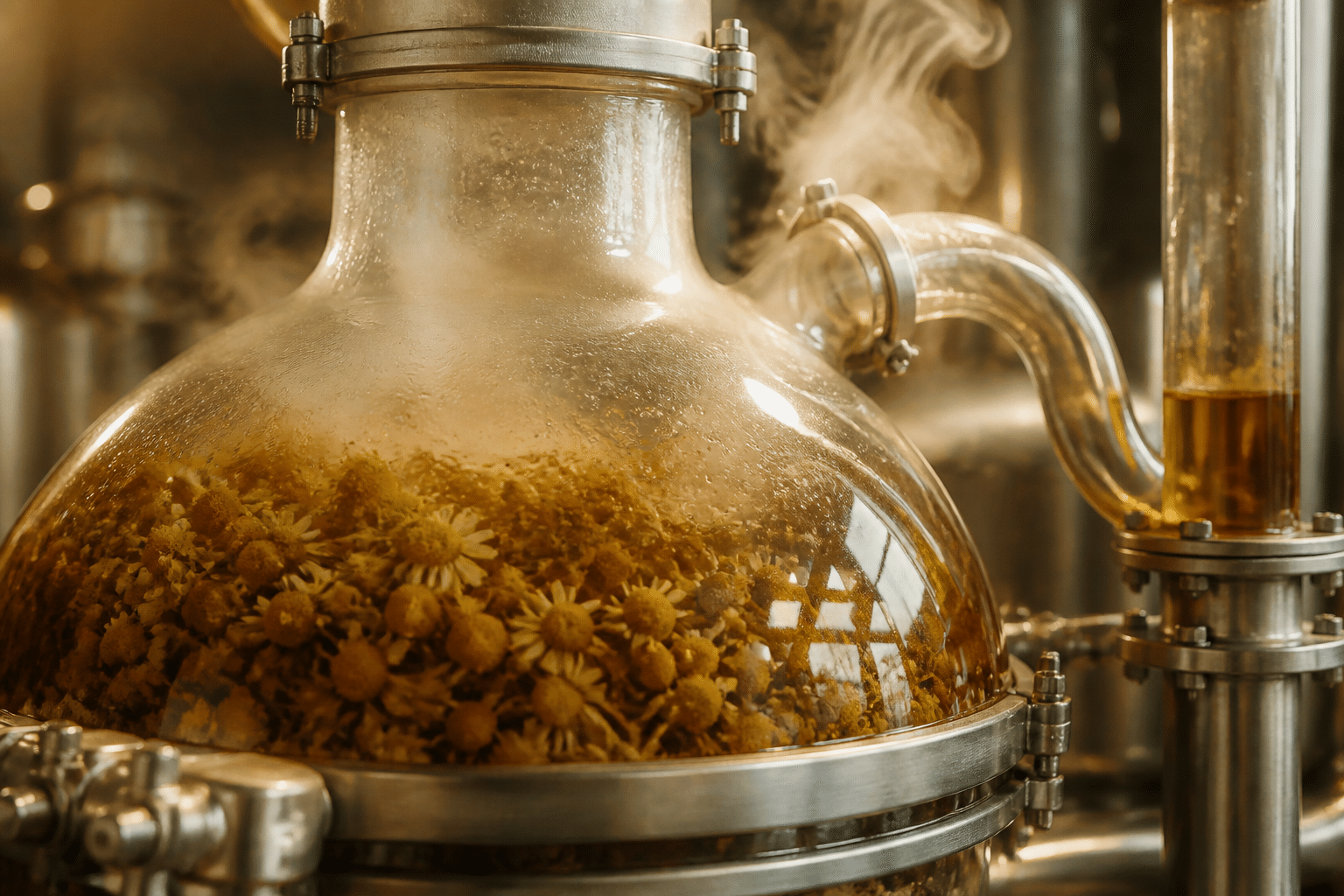 Chamomile flowers steaming during steam distillation process with golden steam rising in professional laboratory setting